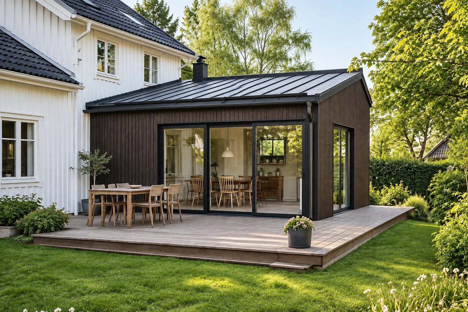Tillbyggnad med träfasad och altan vid en vit villa