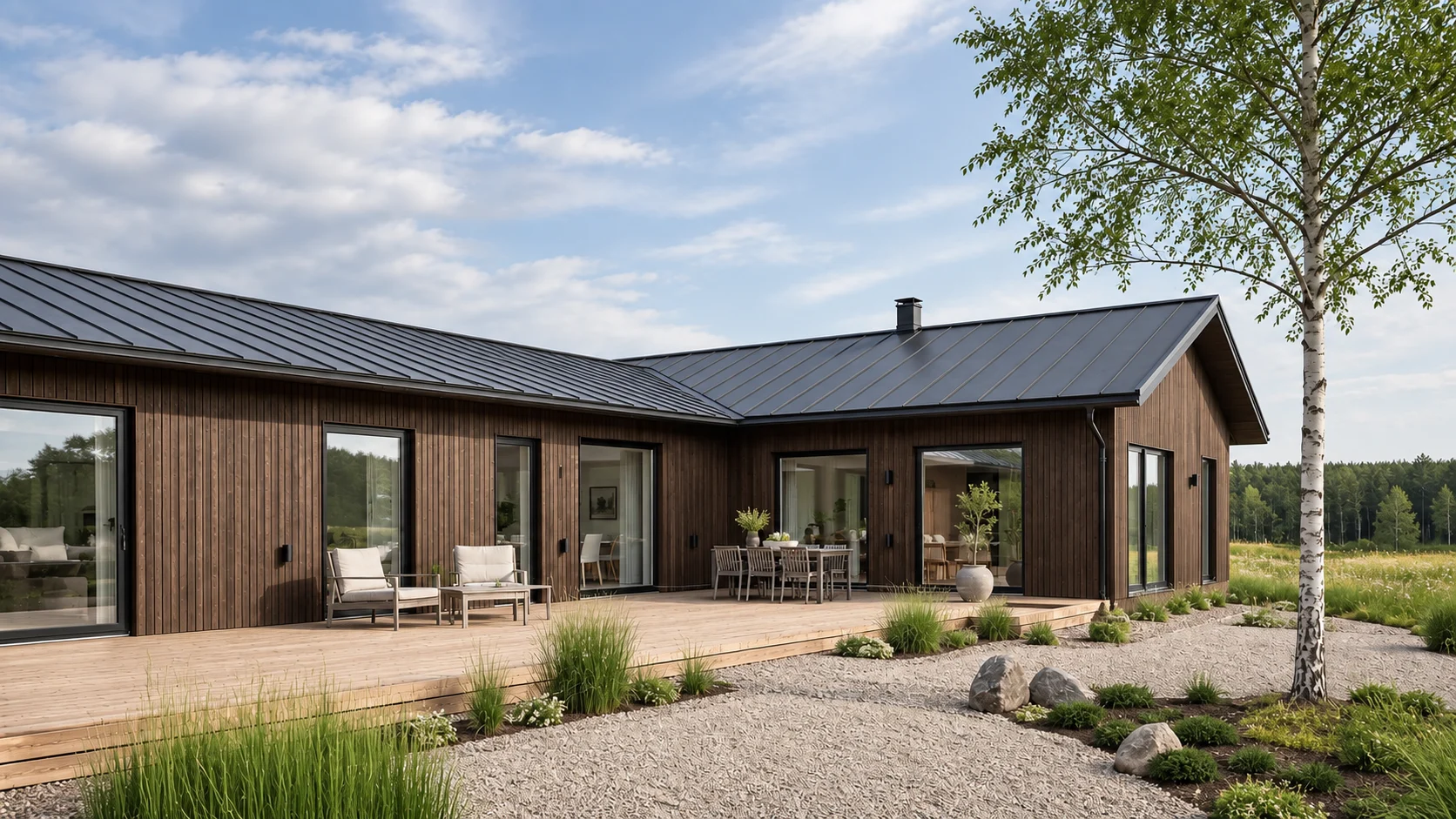 Modern villa med träfasad och plåttak